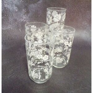 Libbey White Flower Design 12 oz Drinking Glasses Set of 4